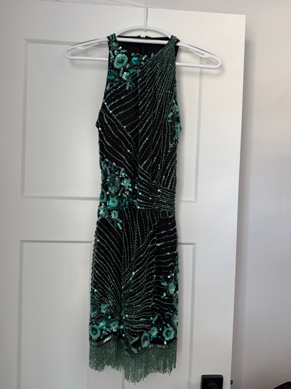 Rachel Allan Black Dress with Emerald Green Beaded Floral Accents